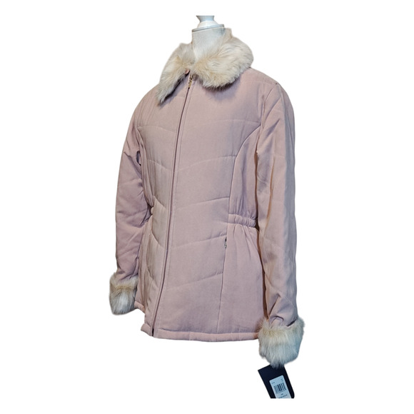 New London Fog Jacket Women's M Pink Rose Megan Coat Faux Fur Collar Zip Closure - Picture 2 of 14